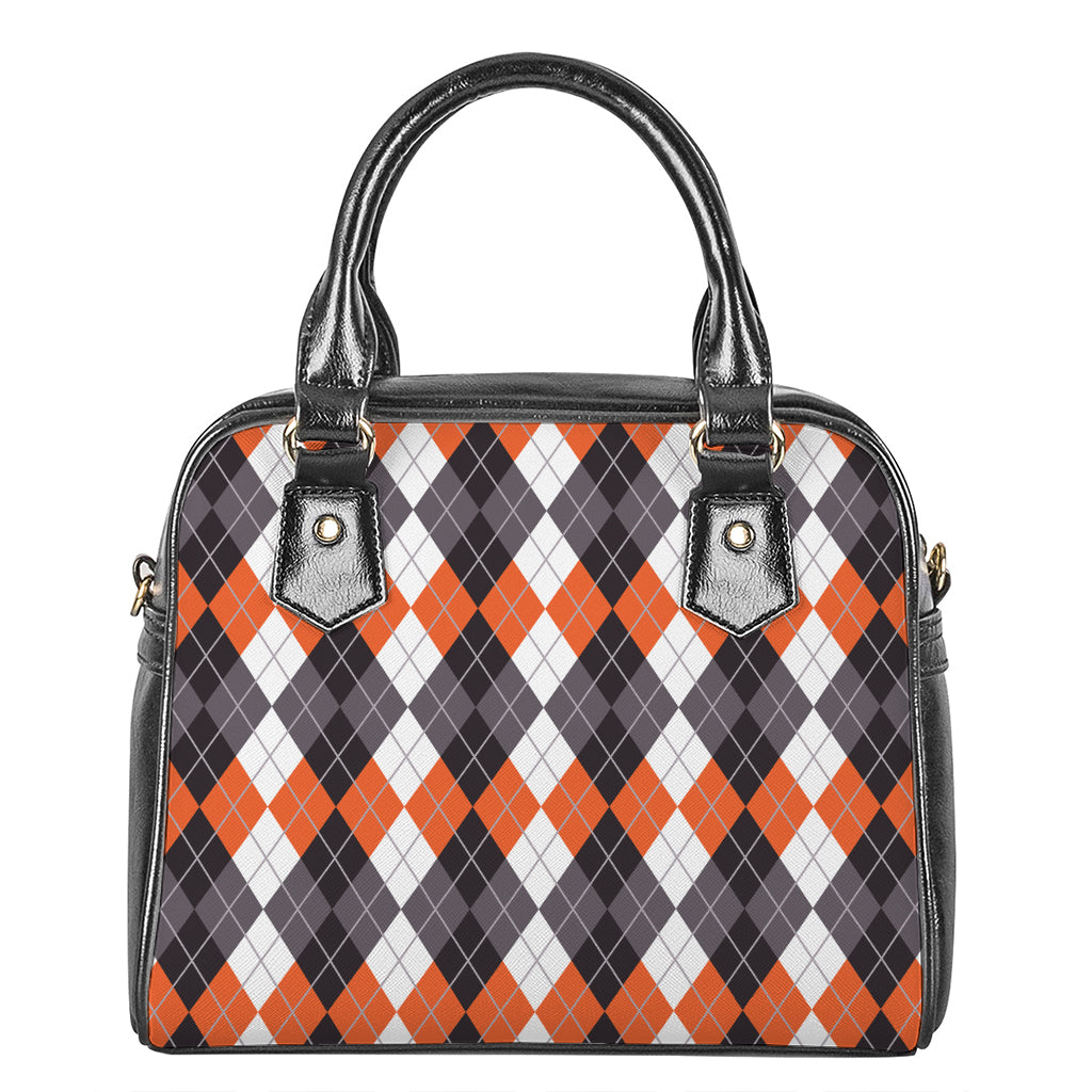 Grey Black Orange And White Argyle Print Shoulder Handbag