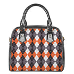 Grey Black Orange And White Argyle Print Shoulder Handbag