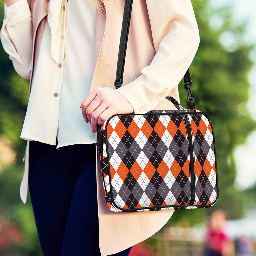 Grey Black Orange And White Argyle Print Shoulder Strap Bible Bag