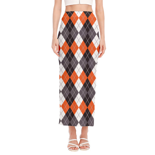 Grey Black Orange And White Argyle Print Side Slit Maxi Skirt