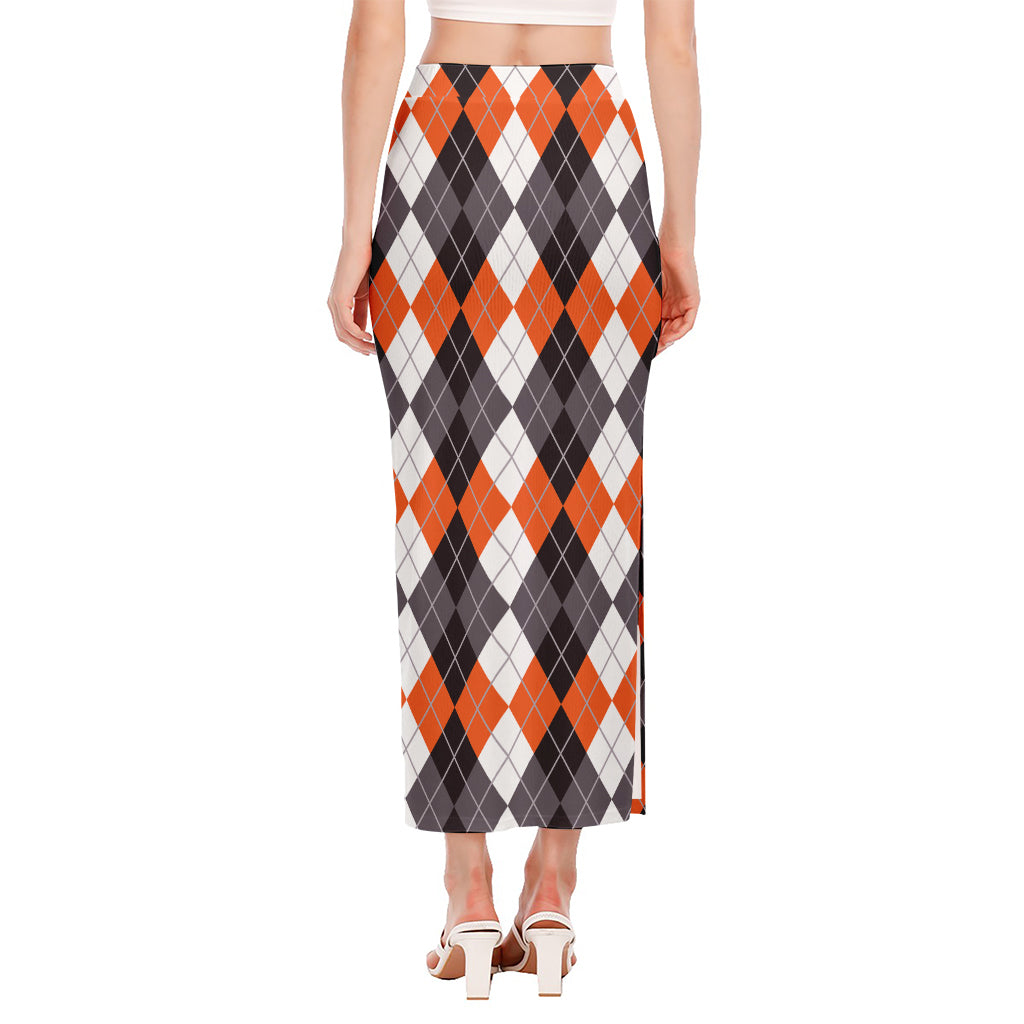 Grey Black Orange And White Argyle Print Side Slit Maxi Skirt