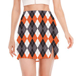 Grey Black Orange And White Argyle Print Side Slit Mini Skirt