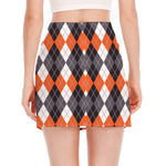 Grey Black Orange And White Argyle Print Side Slit Mini Skirt