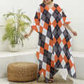 Grey Black Orange And White Argyle Print Silk V-Neck Kaftan Dress