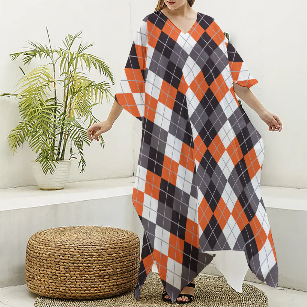 Grey Black Orange And White Argyle Print Silk V-Neck Kaftan Dress