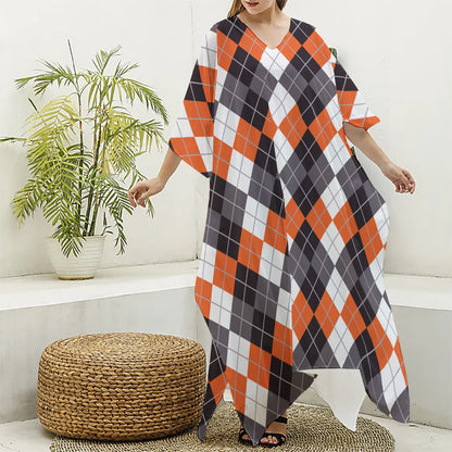 Grey Black Orange And White Argyle Print Silk V-Neck Kaftan Dress