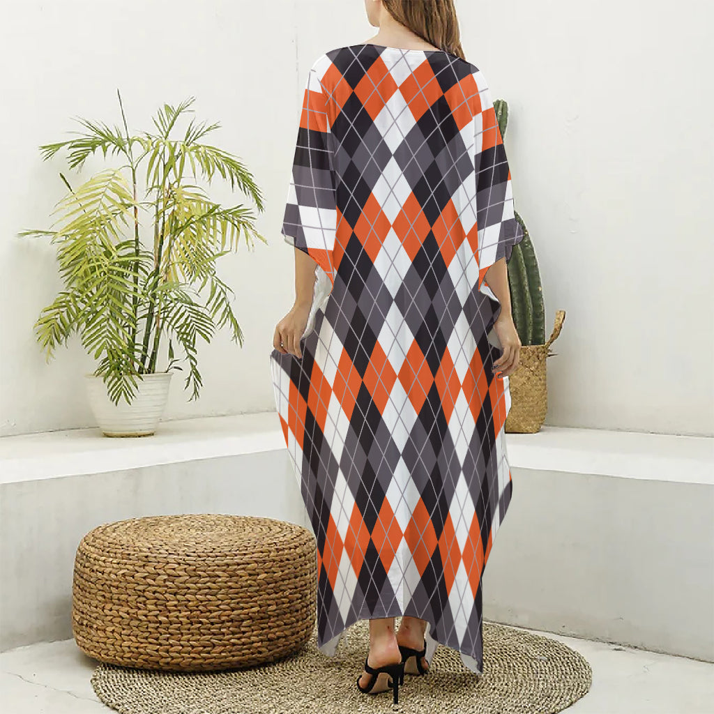 Grey Black Orange And White Argyle Print Silk V-Neck Kaftan Dress