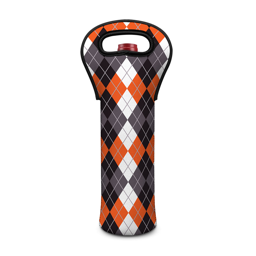 Grey Black Orange And White Argyle Print Single Neoprene Wine Tote