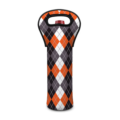 Grey Black Orange And White Argyle Print Single Neoprene Wine Tote
