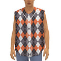 Grey Black Orange And White Argyle Print Sleeveless Baseball Jersey