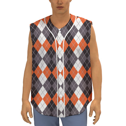 Grey Black Orange And White Argyle Print Sleeveless Baseball Jersey