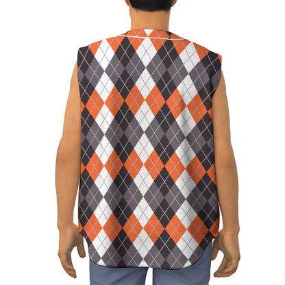 Grey Black Orange And White Argyle Print Sleeveless Baseball Jersey