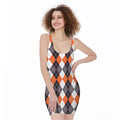Grey Black Orange And White Argyle Print Sleeveless Bodycon Dress