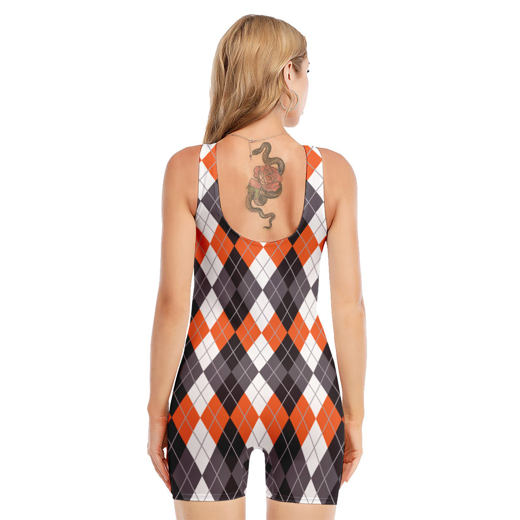 Grey Black Orange And White Argyle Print Sleeveless One Piece Swimsuit