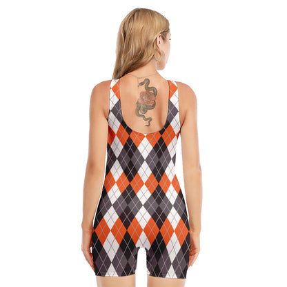 Grey Black Orange And White Argyle Print Sleeveless One Piece Swimsuit