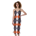 Grey Black Orange And White Argyle Print Slim Fit Midi Cami Dress