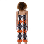 Grey Black Orange And White Argyle Print Slim Fit Midi Cami Dress