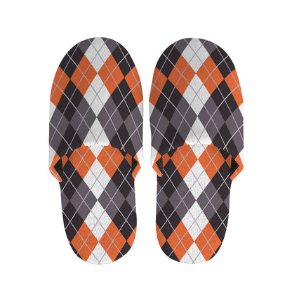 Grey Black Orange And White Argyle Print Slippers