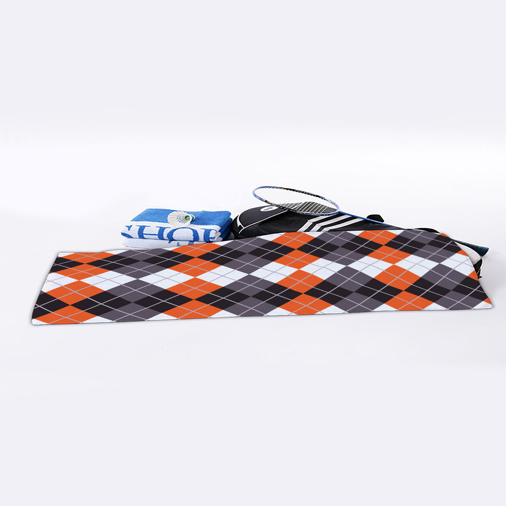 Grey Black Orange And White Argyle Print Sports Towel