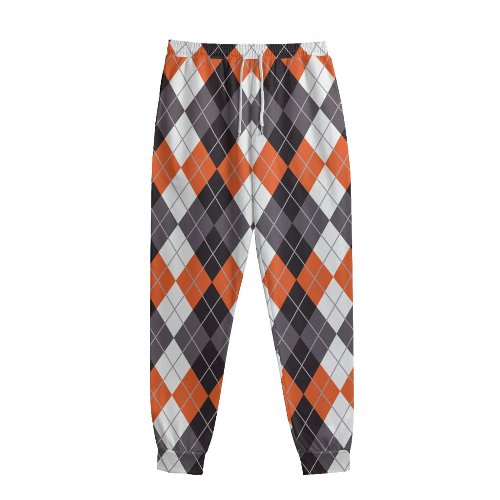 Grey Black Orange And White Argyle Print Sweatpants