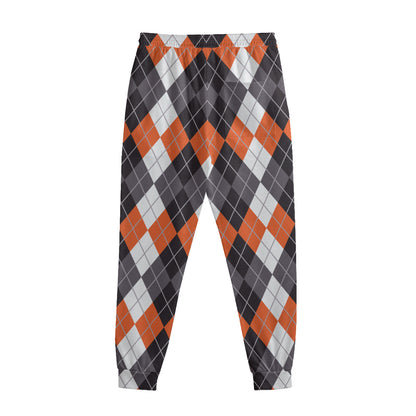 Grey Black Orange And White Argyle Print Sweatpants