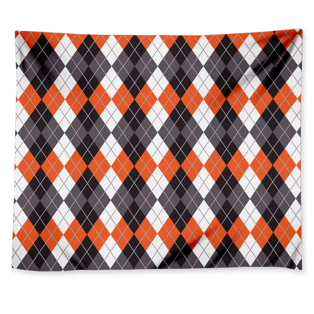 Grey Black Orange And White Argyle Print Tapestry