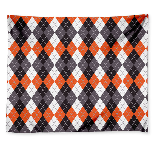 Grey Black Orange And White Argyle Print Tapestry