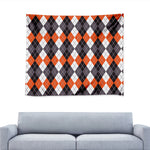Grey Black Orange And White Argyle Print Tapestry