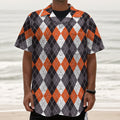 Grey Black Orange And White Argyle Print Textured Short Sleeve Shirt