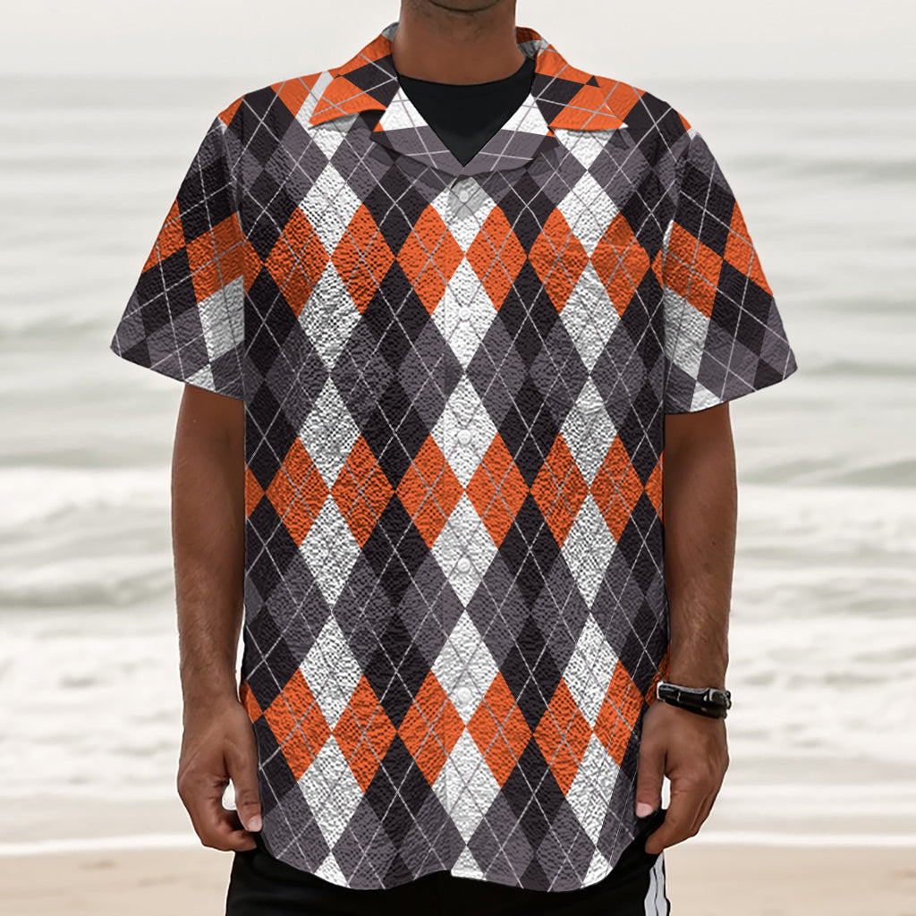 Grey Black Orange And White Argyle Print Textured Short Sleeve Shirt