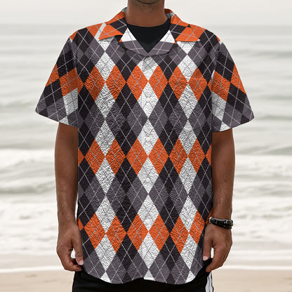 Grey Black Orange And White Argyle Print Textured Short Sleeve Shirt