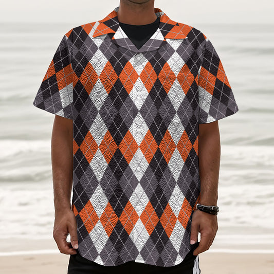 Grey Black Orange And White Argyle Print Textured Short Sleeve Shirt