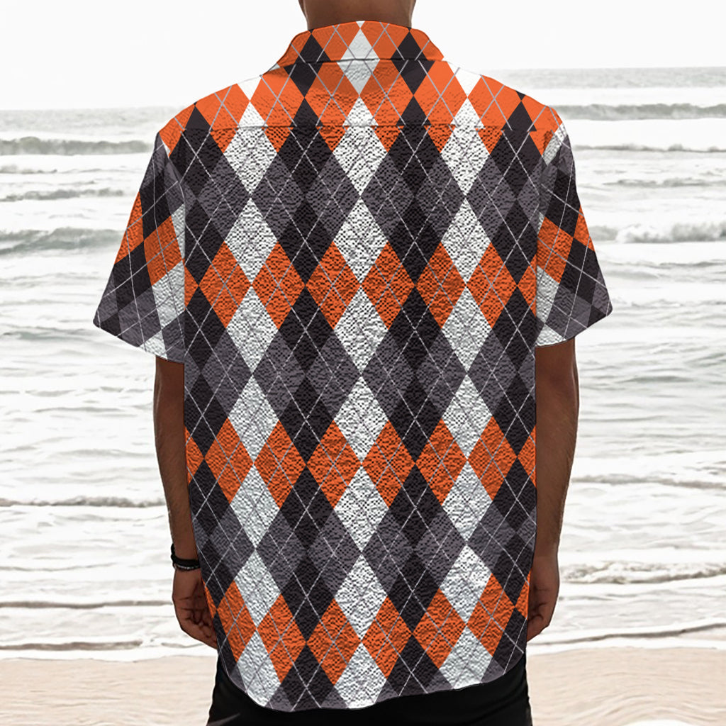 Grey Black Orange And White Argyle Print Textured Short Sleeve Shirt