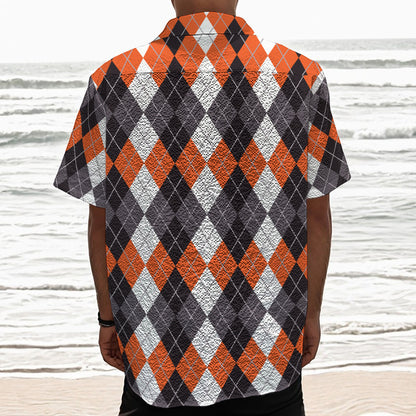 Grey Black Orange And White Argyle Print Textured Short Sleeve Shirt