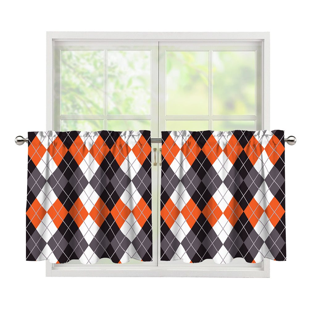 Grey Black Orange And White Argyle Print Tier Curtains