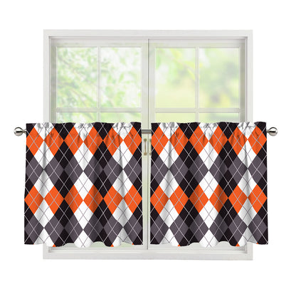 Grey Black Orange And White Argyle Print Tier Curtains