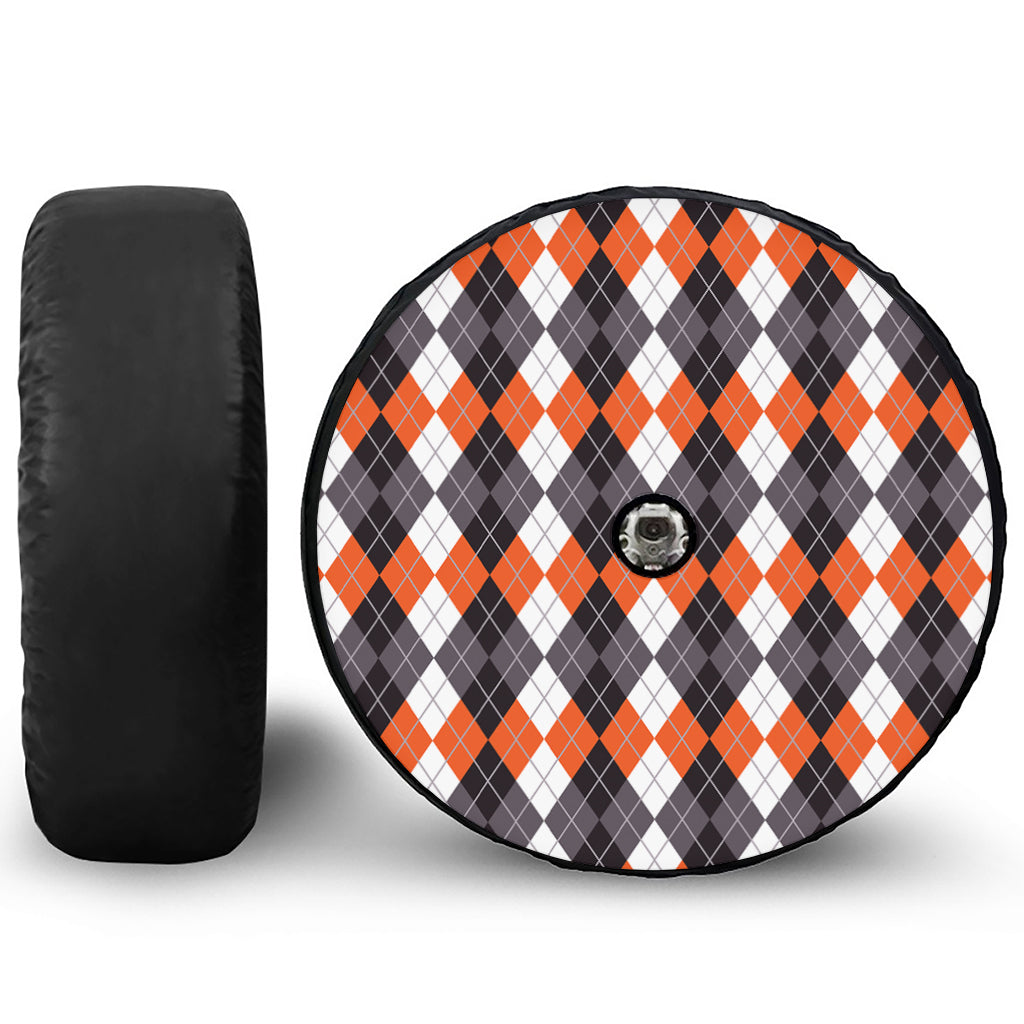 Grey Black Orange And White Argyle Print Tire Cover With Camera Hole