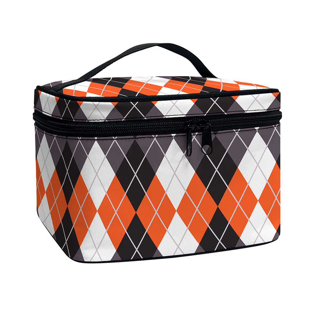 Grey Black Orange And White Argyle Print Travel Makeup Bag