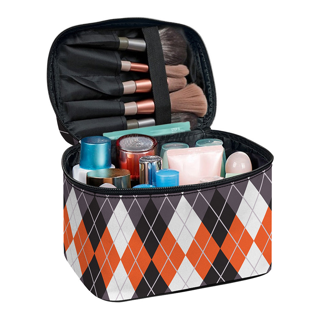 Grey Black Orange And White Argyle Print Travel Makeup Bag