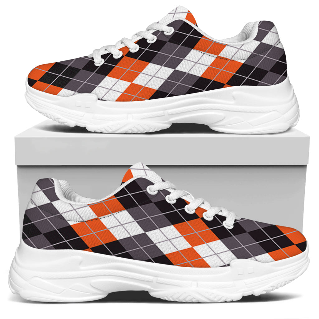 Grey Black Orange And White Argyle Print White Chunky Shoes