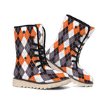 Grey Black Orange And White Argyle Print Winter Boots