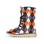 Grey Black Orange And White Argyle Print Winter Boots