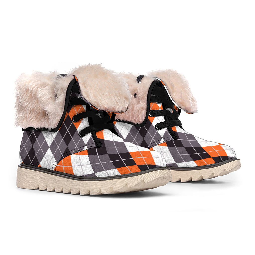 Grey Black Orange And White Argyle Print Winter Boots