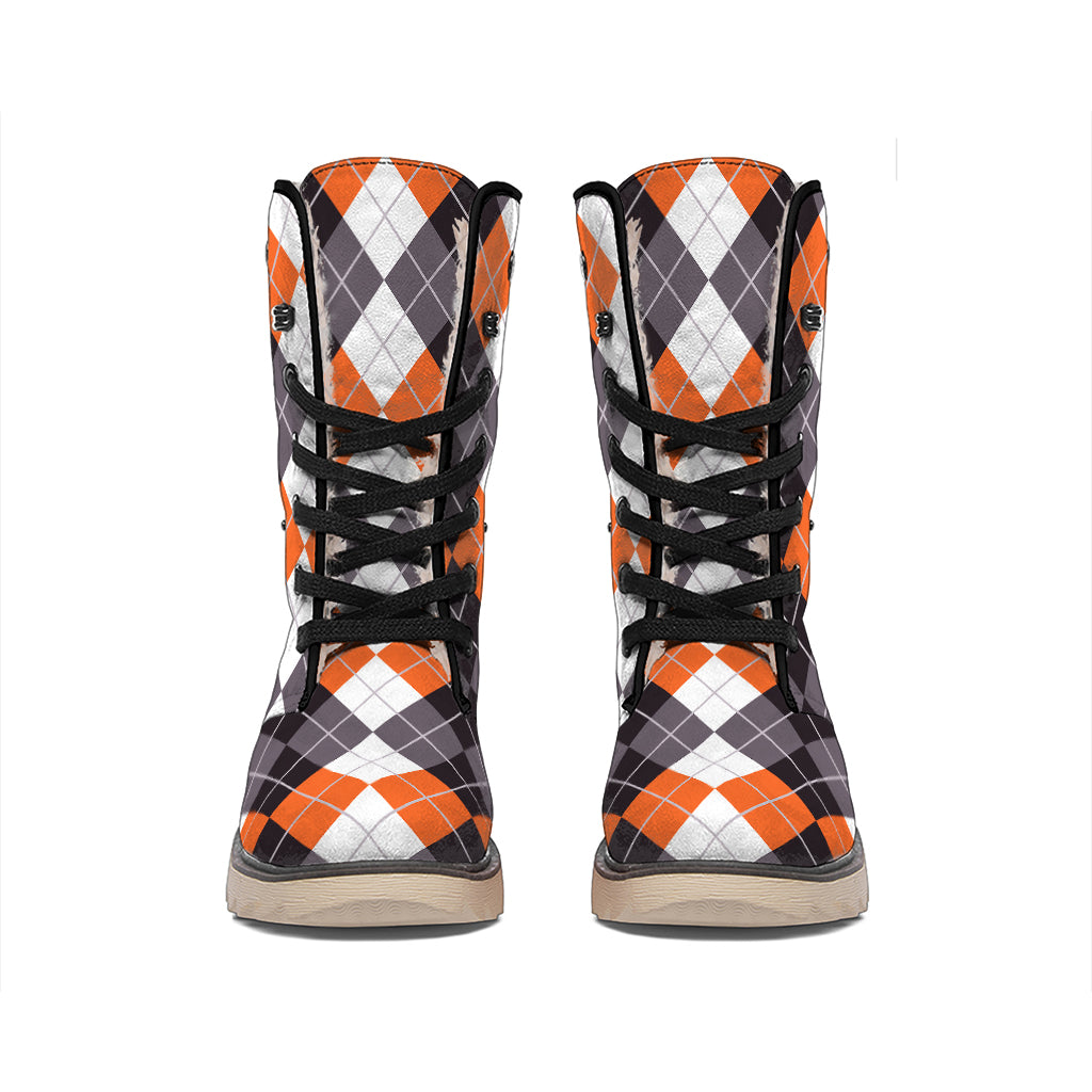 Grey Black Orange And White Argyle Print Winter Boots