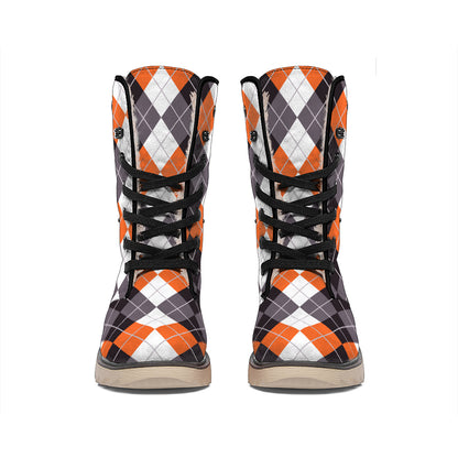 Grey Black Orange And White Argyle Print Winter Boots