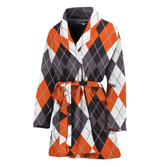 Grey Black Orange And White Argyle Print Women's Bathrobe