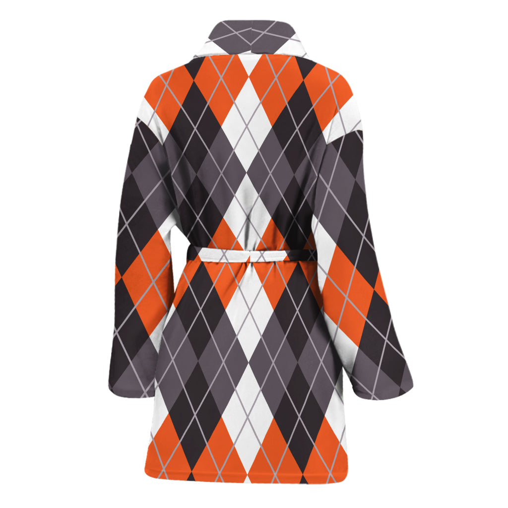 Grey Black Orange And White Argyle Print Women's Bathrobe