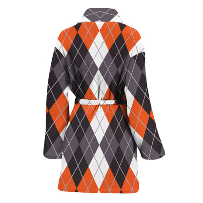 Grey Black Orange And White Argyle Print Women's Bathrobe