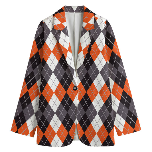 Grey Black Orange And White Argyle Print Women's Blazer