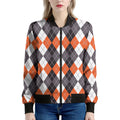 Grey Black Orange And White Argyle Print Women's Bomber Jacket